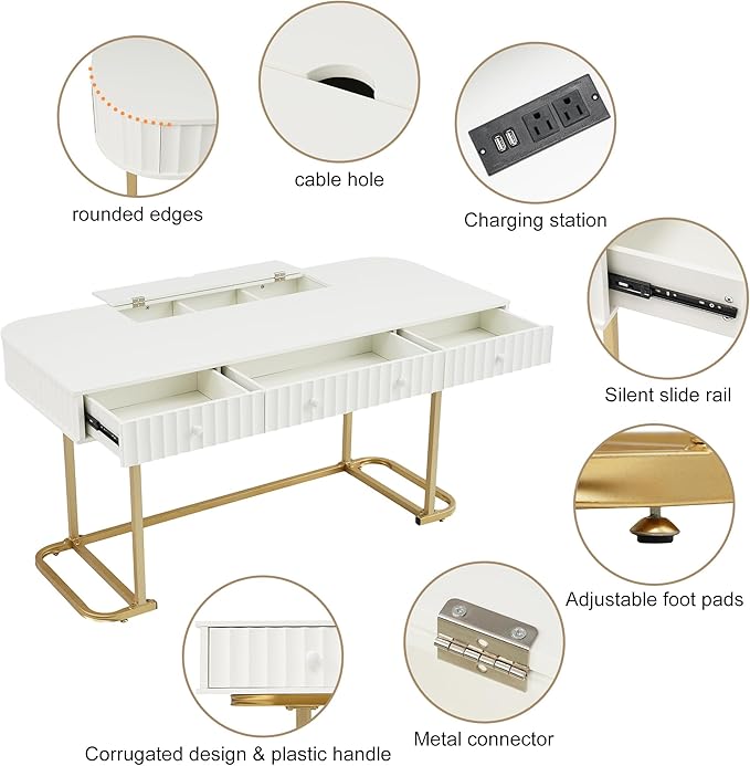 NicBex Laik-DW-00001-DX Desks, 48.26" W x 23.62" D x 30.7" H, Gold+White - LeafyLoom