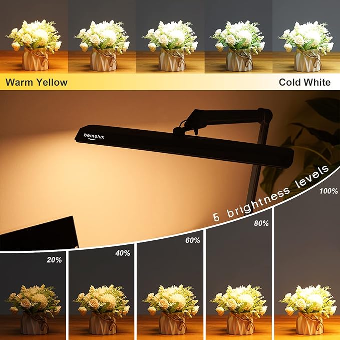 LED Architect Desk Lamp with Clamp, Metal Swing Arm 2000 Lumens Dimming Office Table Lamp for Task Work Drafting Reading Desktop, 234PCS Bright LEDs, 24W, 5 Color Temperatures Workbench Lamp - LeafyLoom