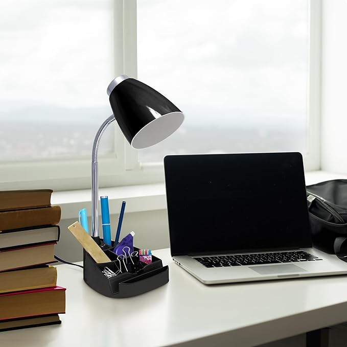 Simple Designs LD1067-BLK Compartmental Desk Lamp with iPhone/iPad/Tablet Stand, Bendable Gooseneck, for Office, Living Room, Nightstand, Library, Entryway, Black - LeafyLoom