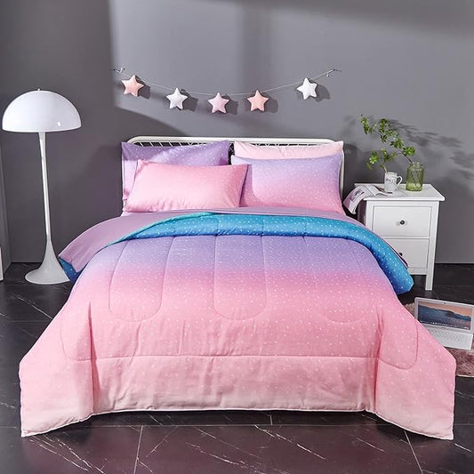 Pink Glitter Comforter Set for Teen Girls Women,Twin Size 4 Piece Bed in A Bag,Metallic Star Moon Printed Rainbow Comforter and Sheets,Ultra Soft Microfiber All Season Bedding Set(Twin,Green) - LeafyLoom