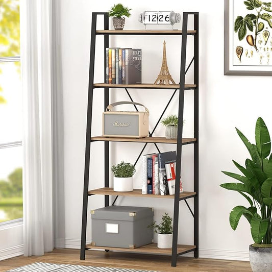 BON AUGURE Industrial 5 Tier Ladder Bookshelf, Wood and Metal Ladder Shelf Bookcase, Farmhouse Leaning Shelves for Living Room (Vintage Oak) - LeafyLoom