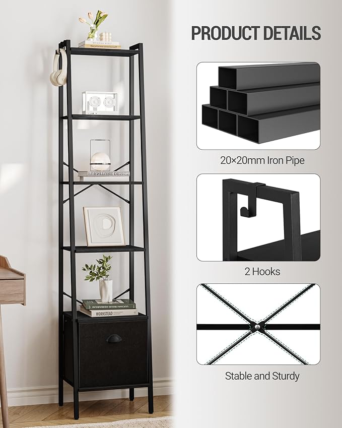 Narrow Bookshelf Bookcase with Drawer, Ladder Shelf with 2 Hooks, Bookshelves Storage Organizer, Freestanding Display Standing for Home Office, Bedroom, 5 Tier Black BC19504B - LeafyLoom