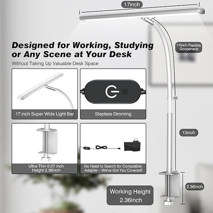 LED Desk Lamp for Office Home, Eye-Caring Desk Light with Stepless Dimming Adjustable Flexible Gooseneck, 10W USB Adapter Desk Lamp with Clamp for Reading, Study, Workbench (White) - LeafyLoom