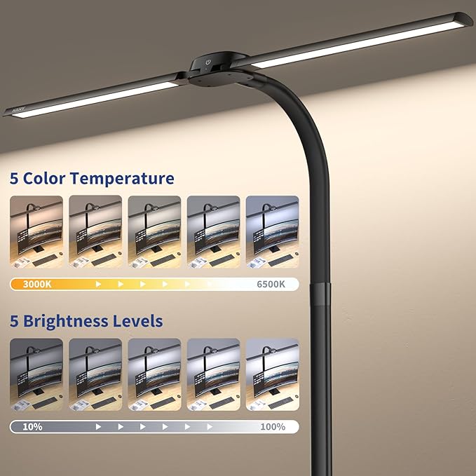 Led Desk Lamp with USB Charging Port Architect Task Dual Lamps for Home Office with Atmosphere Lighting, 24W Ultra Bright Modern Flexible Gooseneck Tall Table Light 5 Color Modes for Drafting Reading - LeafyLoom