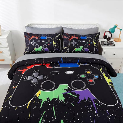 KAKKI 5 Piece Boys Full Gamer Comforter Set with Sheets, 3D Colorful Video Game Controller Comforter for Kids Teen, All Season Soft Microfiber Gaming Bedding Set(Black,Full) - LeafyLoom