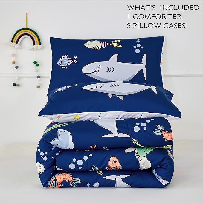 RYNGHIPY Kids Bedding Set for Twin Bed Reversible Ocean Animals Print Comforter Set for Boys Girls Easy-Wash Super Soft Microfiber Bed Set (Navy Ocean,Twin) - LeafyLoom