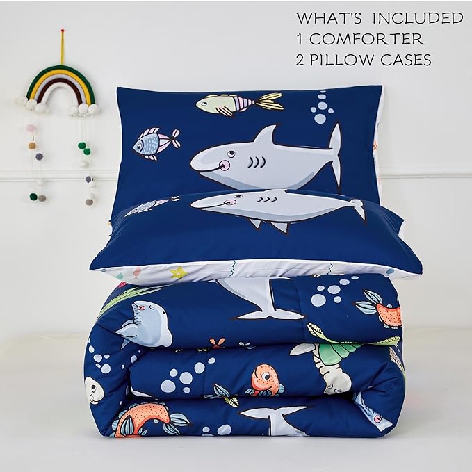 RYNGHIPY Kids Bedding Set for Full Bed Reversible Ocean Animals Print Comforter Set for Boys Girls Easy-Wash Super Soft Microfiber Bed Set (Navy Ocean,Full) - LeafyLoom