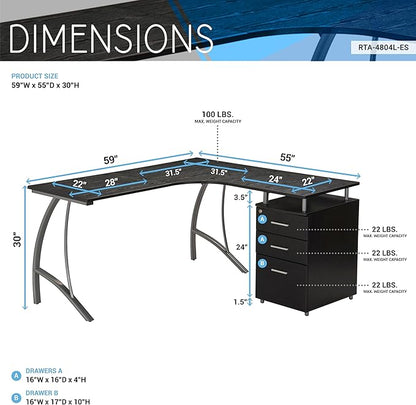 Techni Mobili Modern Computer File Cabinet and Storage L-Shaped Desk, Espresso - LeafyLoom