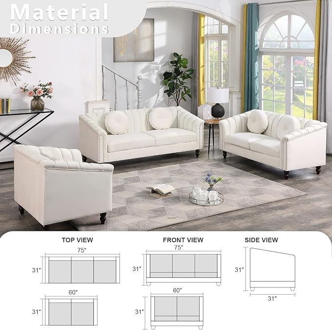 Velvet Modern Living Room Couch 3 Piece with Scroll Arms and Nailhead, includes 2 Love-seat Chair & Armchair, Sofa and Loveseat Set Grey - LeafyLoom