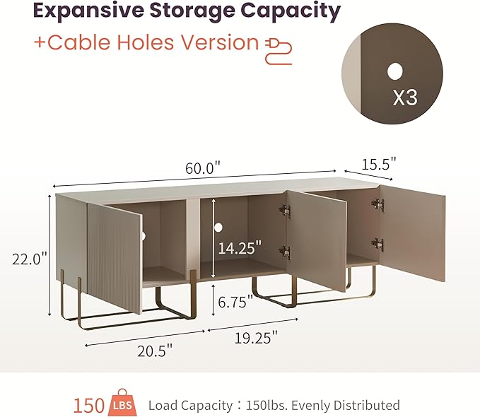 24/7 Shop at Home Mignon Contemporary Modern Style 60" TV Stand with 3 Storage Cabinets, Fits 65 Inches, Entertainment Center Console for Family, Living Room & Bedroom, Metal Legs, Taupe - LeafyLoom