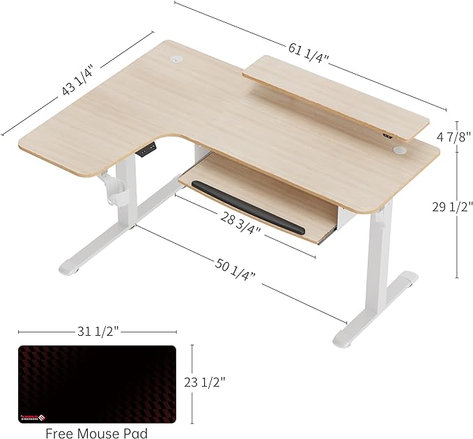 EUREKA ERGONOMIC Standing Desk Adjustable Height 61" Electric Sit Stand Computer Desk L Shaped with Keyboard Tray,Monitor Stand &LED, Dual Motor Memory Presets Sit to Desk Adjustable Desk, Left/Maple - LeafyLoom