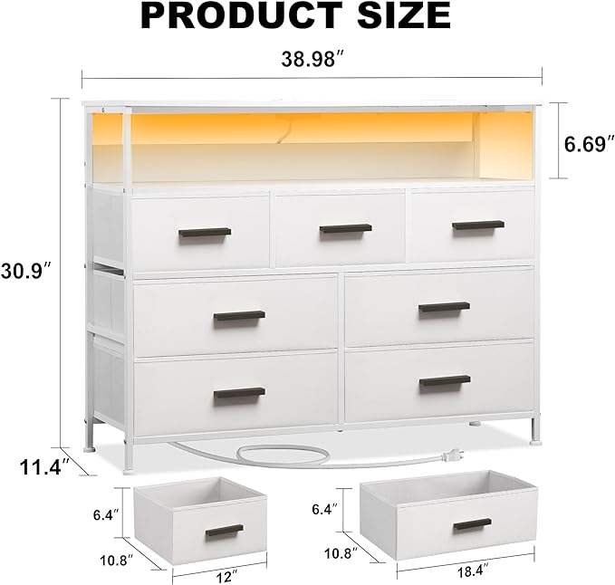 Dresser TV Stand with 7 Drawers, Dresser TV Stand with LED Lights & Power Outlets, Bedroom Dresser, Chest of Drawers up to 45'' Long TV, Wide Fabric Dresser with Open Shelf (White) - LeafyLoom