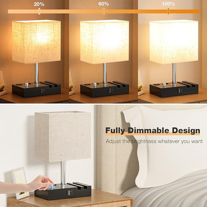 Bedside Lamps for Bedroom Set of 2, Kakanuo Fully Dimmable Small Beige Nightstand Lamps with USB C Ports and 2 Charging Outlets, Wooden Table Lamp with Phone Stands for Living Room, LED Bulbs Included - LeafyLoom