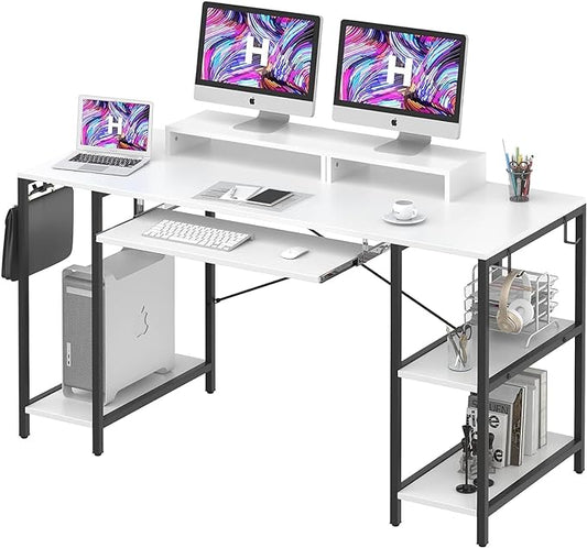 Computer Desk with Keyboard Tray, 55 Inch Music Studio Desk Music Production Desk with Storage Shelves Monitor Stands and 4 Iron Hooks, Desk Workstation Gaming Table for Home Office - LeafyLoom