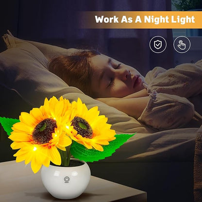 Rechargeable Sunflower Table Lamp - LED Artificial Flowers Desktop Lamp Night Light with Porcelain Vase, Cordless Touch Lamp for Bedroom Living Room Desk Decor, Birthday Gift for Her Girl Mom - LeafyLoom