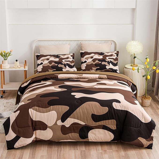 Meeting Story Camouflage Bedding Set, Colorful Pattern Style Comforter Set, 5 PCS One Comforter Two Pillowcases Two Sheets in One Bag, All Season Bedspread for Teens Adults (Coffee, Twin 5Pcs) - LeafyLoom