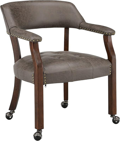 Large Dining Chairs with Casters and Arms, Rolling Dining Chairs with Wheels, Poker Chairs, Solid Wood Office Desk Chairs, 26"D x 25.2"W x 31.5"H, Cherry Legs & Dark Brown Fabric SY-1533-DK - LeafyLoom