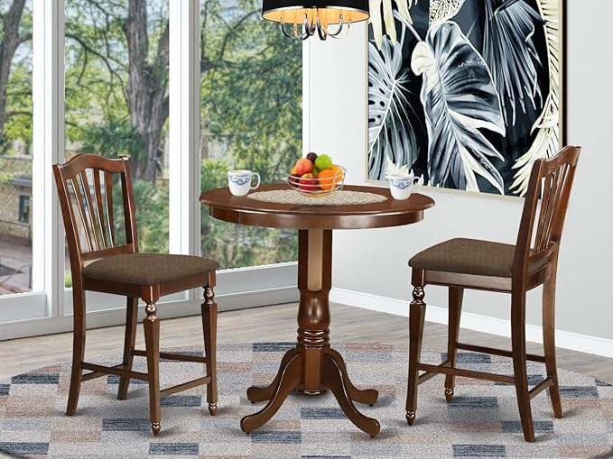 East West Furniture JACH3-MAH-C 3 Piece Counter Height Dining Set Contains a Round Dining Room Table with Pedestal and 2 Linen Fabric Upholstered Chairs, 36x36 Inch, Mahogany - LeafyLoom