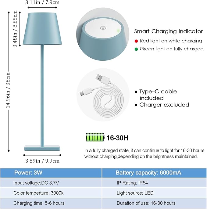 4 Packs Rechargeable LED Table Lamp,6000mAh Outdoor Cordless Table Lamp Waterproof Portable, Stepless Dimmable Table Lamp for Restaurant/Bedroom/Outdoor (Blue) - LeafyLoom