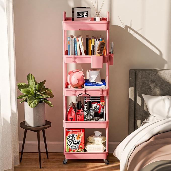 5 Tier Small Rolling Cart Organizer,Bathroom Cart Organizers with Wheels Laundry Room Organization Mobile Shelving Unit Utility Cart Storage Shelves Multi-Functional for Office, Home(Pink) - LeafyLoom