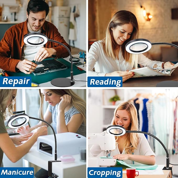 NZQXJXZ 2-in-1 Magnifying Glass with Light and Stand 20X 10X Magnifying Lamp with Large Base & Clamp, 72 LEDs, 3 Color Modes and10 Stepless Dimmable, Desk Magnifier for Hobbies, Reading, Jewelry - LeafyLoom