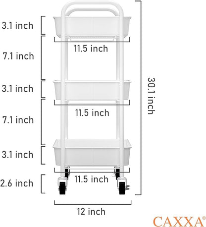 CAXXA 3-Tier Rolling Metal Storage Organizer - Mobile Utility Cart Kitchen Cart with Caster Wheels, White - LeafyLoom