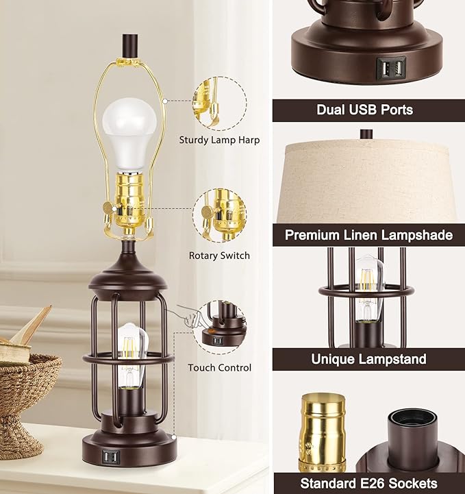 QiMH Table Lamp for Living Room with USB Ports, Touch Control 3-Way Dimmable Bedside Lamp with LED Night Light, Farmhouse Rustic Nightstand Lamp Bedroom Decor(2700K Bulbs Included) - LeafyLoom