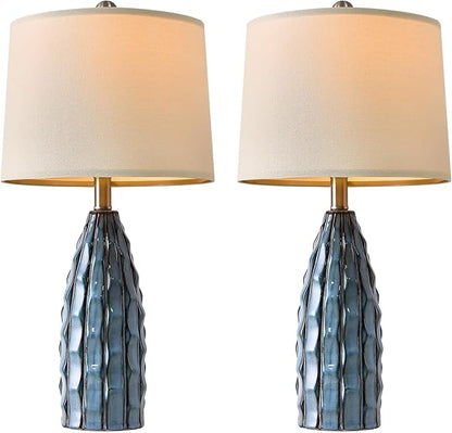 23.75" Modern Blue Ceramic Lamps Set of 2 for Living Room Study Room Office Dorm Farmhouse Nightstand, End Table Lamps - LeafyLoom