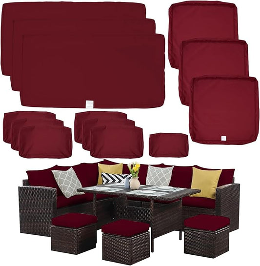 ClawsCover 13Pack Outdoor Seat and Back Cushions Replacement Covers Fit for 7Pieces Wicker Rattan Patio Furniture Set Sectional Couch with Dining Table and Ottoman,Burgundy-Include Cover Only - LeafyLoom