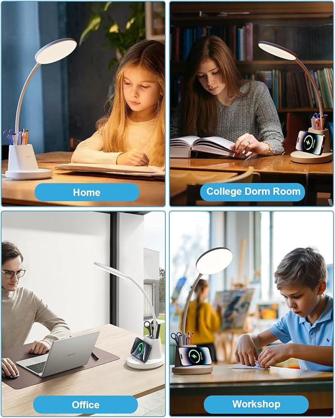 hansang LED Desk Lamp with Wireless Charger for Home Office, Stepless Dimmable, 3 Color Modes, Touch Control White Study Lamp for College Dorm Room, Pen Holder, CRI 90, 800 Lumen, Adapter Included - LeafyLoom