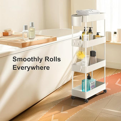 Pipishell Slim Storage Cart with Wheels, 4 Tier Bathroom Storage Organizer Rolling Utility Cart for Bathroom Kitchen Laundry Room Office Narrow Place (White) - LeafyLoom