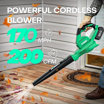 KIMO Cordless Leaf Blower - 200 CFM 170 MPH Battery-Operated Blower for Blowing Leaves, Snow Debris and Dust, 20V Electric Leaf Blower with 4.0Ah Battery and Charger for Yard| Patio| House |Jobsite - LeafyLoom