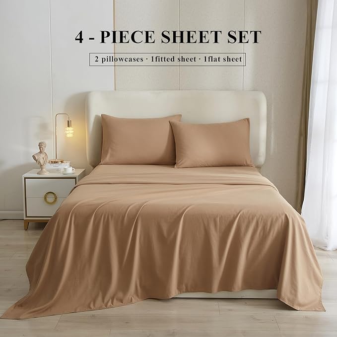 HighBuy Camel Beige Full Size Sheet Set Extra Soft Deep Pocket Sheets Set,4 Piece Bed Sheets Set Fit 16 Mattress,Wrinkle,Fade,Stain Resistant Cooling Bed Sheets,Pillowcases Set (Full,Camel Beige) - LeafyLoom