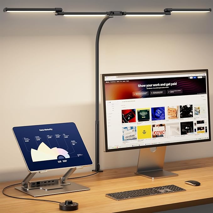 BOHON LED Desk Lamp for Home Office, 24W Architect Task Lamp with Clamp, Desktop Controller, 5 Color Stepless Dimming Table Light, Screen Computer Monitor Gooseneck Lamp for Reading Study Workbench - LeafyLoom