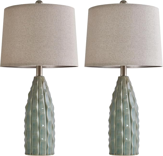 23.75" Modern Green Ceramic Lamps Set of 2 for Living Room Study Room Office Dorm Farmhouse Nightstand, End Table Lamps - LeafyLoom