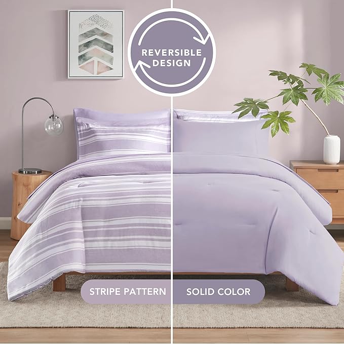 Codi Full Comforter Set 7 Piece, Lavender Purple Striped Bed in a Bag Reversible for All Seasons, Cationic Dyeing Bedding Sets with Comforter, Sheets, Pillowcases & Shams - LeafyLoom