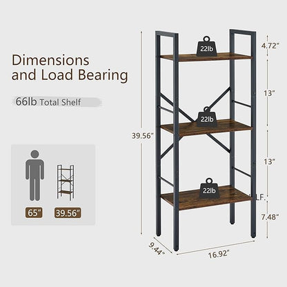 Tajsoon 3 Tier Ladder Shelf Industrial Small Bookcase, Narrow Small Bookshelf with Metal Frame, Multifunctional Skinny Shelf for Bedroom, Living Room, Home Office, Rustic Brown - LeafyLoom