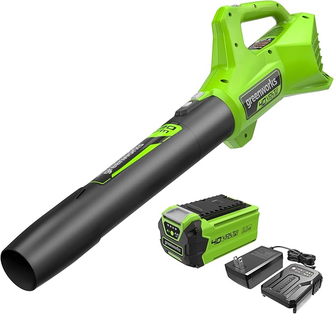 Greenworks 40V (100 MPH / 350 CFM) Cordless Axial Leaf Blower, 2.0Ah Battery and Charger Included - LeafyLoom