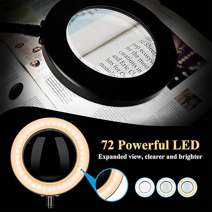 Desk Lamp with Magnifier and 3 Color Modes, 8X Magnification Table Lamp with Flexible Gooseneck and 3 Brightness Levels for Reading, Studying and Crafting - LeafyLoom