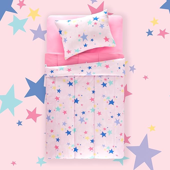 SLEEP ZONE Jersey Knit Pink Comforter Set Twin Size, Breathable & Soft Kids Bedding Set 2-Piece with Comforter, Pillowcase (Colorful Stars, Twin) - LeafyLoom