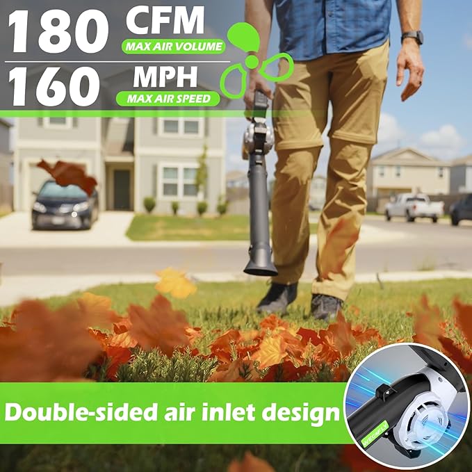 Cordless Leaf Blower, 2 x 21V 4.0Ah Battery and Charger, 3 Speed Mode, 160 MPH 180CFM Lightweight Battery Powered Leaf Blower for Lawn Care, Patio, Yard, Sidewalk,Snow Blowing - LeafyLoom