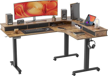 FEZIBO Triple Motor 63" L Shaped Standing Desk with 3 Drawers, Electric Standing Desk Adjustable Height, Corner Stand up Desk with Splice Board - Rustic Brown - LeafyLoom