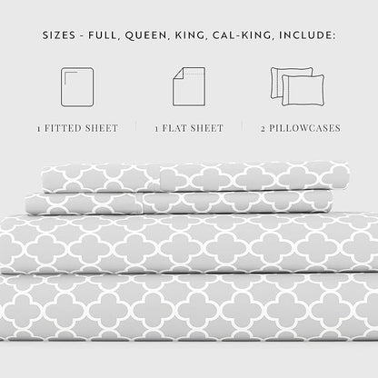 4 Piece King Bedding Sheet Set (Gray Quatrefoil) - Sleep Better Than Ever with These Ultra-Soft & Cooling Bed Sheets for Your King Size Bed - Deep Pocket Fits 16" Mattress - LeafyLoom