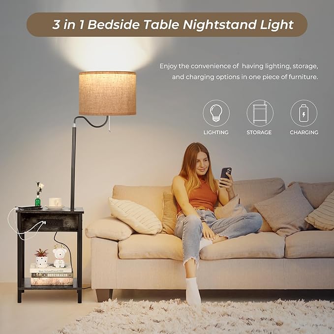 FIMEI Floor Lamp with Table, End Table with Charging Station USB Ports & Outlets, Bedside Table 3 Color Temperature Reading Light, Nightstand with Shelves for Living Room Bedroom Apartment, Sage Gray - LeafyLoom