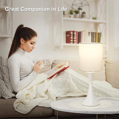 Modern Table Lamps, 3 Way Touch Control Table Lamp, Dimmable Desk Lamp, White Nightstand Lamp with Fabric Shade, Small Bedside Lamp for Living Room, Dorm,Home Office, LED Bulb Included - LeafyLoom