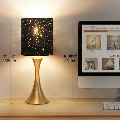 Touch Lamp for Bedroom, 3 Way Dimmable Gold Table Lamp with Black Starry Shade, Decorative Nightstand Lamp Ambient Beside Light for Living Room, Guest Room, Office 3000K LED Bulb Included - LeafyLoom