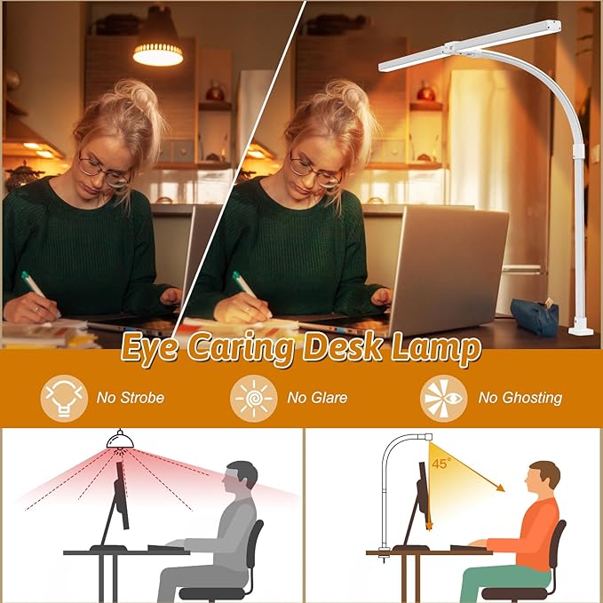 Double Head LED Desk Lamp with Anti-Glare Cover Computer Desk Lamp for Home Office 24W Brightest Desk Light Office Lamp for Workbench Drafting Architect with Clamp and Base - LeafyLoom