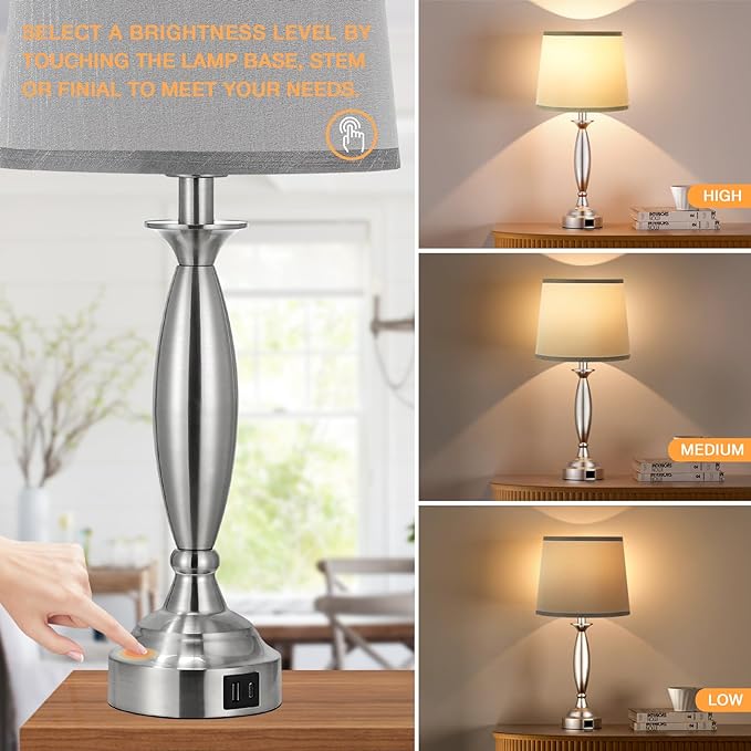 Bedrooms Touch Control Bedside Lamp with USB C+A, 3 Way Dimmable Nightstand Lamps with USB Port, Brushed Nickel Table Lamp for Living Room Guest Room Bed Side End Table, Set of 2 - LeafyLoom