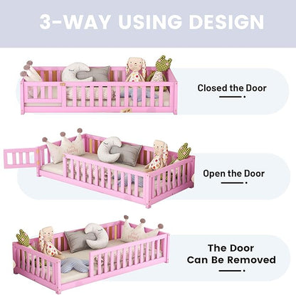 Multifunctional Twin Size Floor Bed with Safety Guardrails and Door, Removable Wood Slats, Montessori Beds Frame for Toddlers, for Boys and Girls, Pink - LeafyLoom