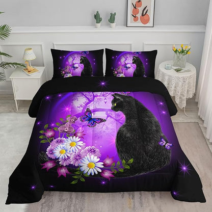 Black Cat Bedding Cartoon Cat Comforter Set Twin,Daisy Butterflies Printed Kids Bedding Set for Kids Boys Girls Adults Room Decor,Kids Comforter Set All Season,1 Quilt 2 Pillow Cases,Purple - LeafyLoom